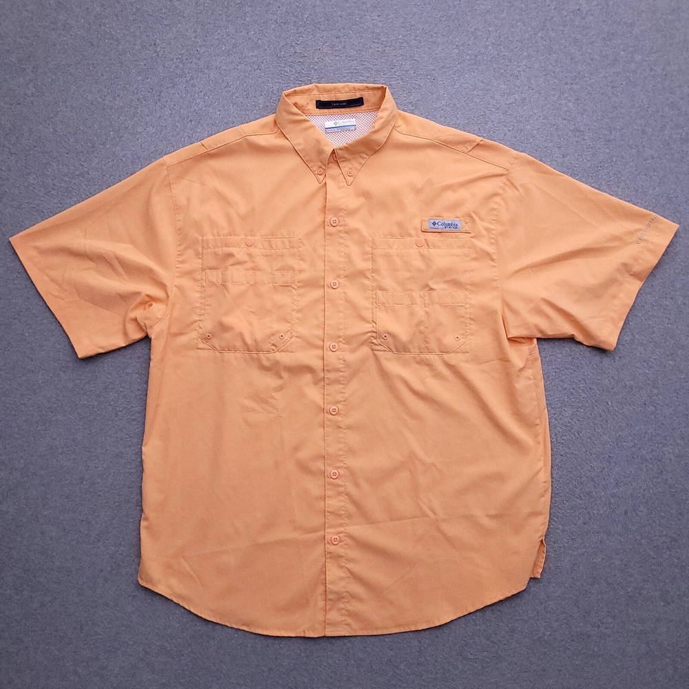 Columbia PFG Tamiami Shirt Mens Large Vented Fishing Orange Short Sleeve